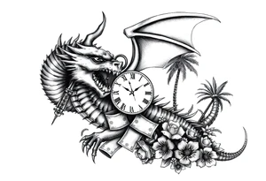 Horror dragon tattoo with clock, dollars and palm tree on background tattoo idea