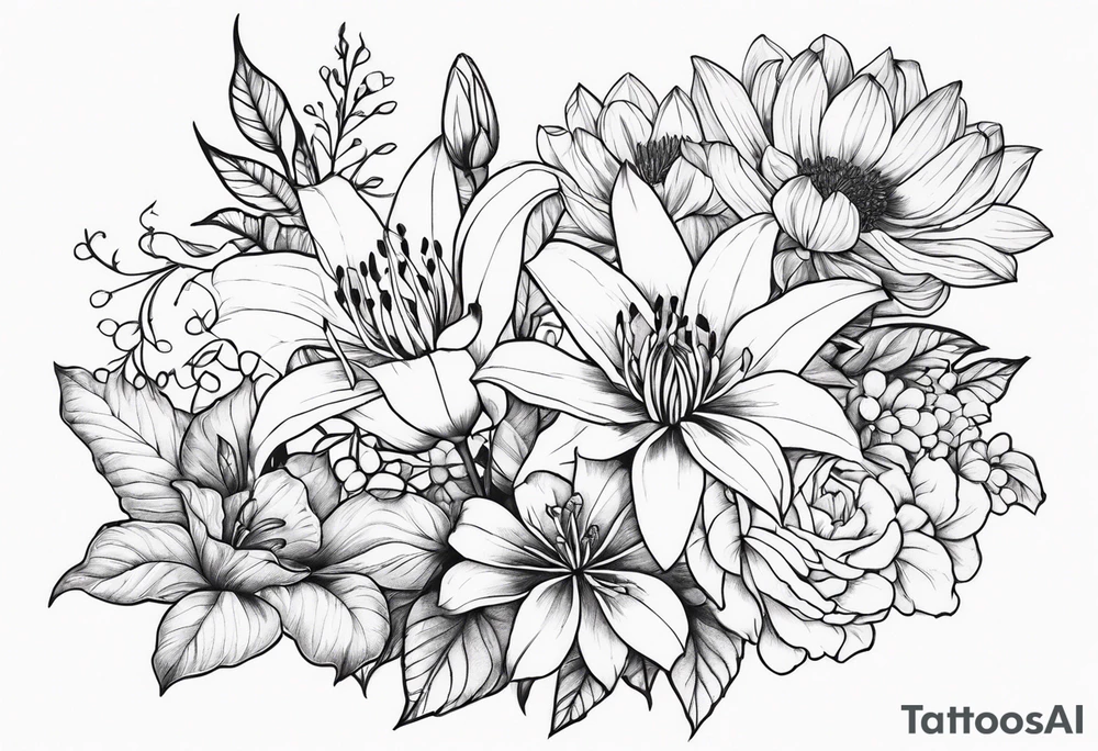 Lillies, roses, morning glories, chrysanthemums tattoo idea