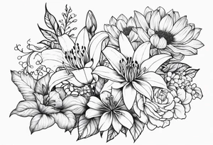 Lillies, roses, morning glories, chrysanthemums tattoo idea
