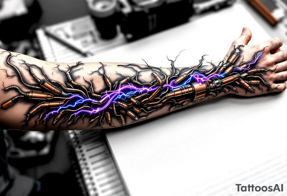 A  vivid design featuring copper tubes and violet plasma lines integrated into the skin’s anatomy. tattoo idea