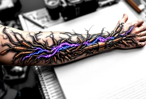 A  vivid design featuring copper tubes and violet plasma lines integrated into the skin’s anatomy. tattoo idea