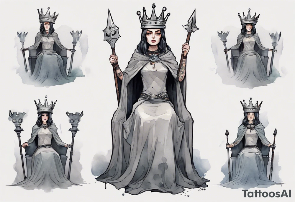 a Visigoth queen wearing a minimalist iron crown, wearing a grey cloak, sitting on a simple stone throne tattoo idea