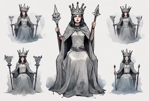 a Visigoth queen wearing a minimalist iron crown, wearing a grey cloak, sitting on a simple stone throne tattoo idea