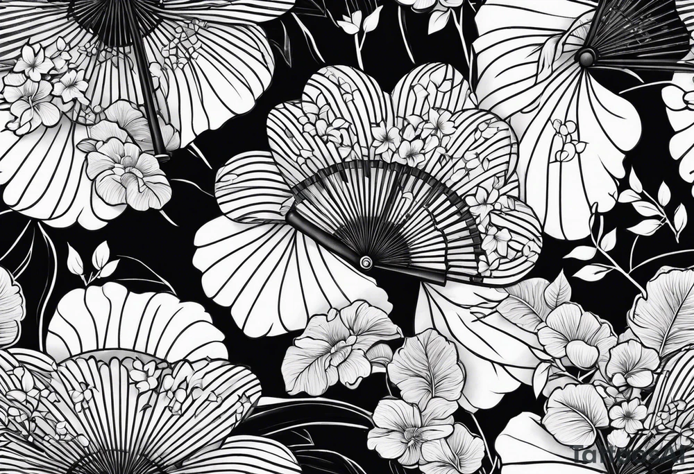 Japanese fan mostly black with basic leaves around it tattoo idea