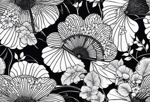 Japanese fan mostly black with basic leaves around it tattoo idea