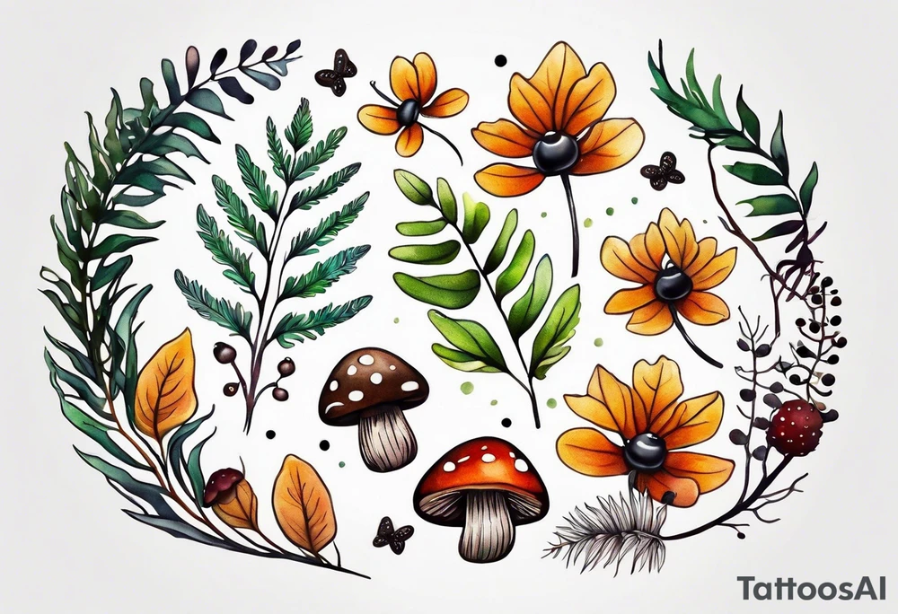 forest floor inspired minimalist tattoo, which includes grass, curly ferns, moss and dead leaves as the bulk of the tattoo. details to include: forest berries, a tiny bumblebee flying nearby, three small brown mushrooms
Generate a vertically long one tattoo idea