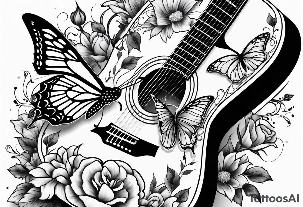 Guitar with flowers growing off the side, butterflies tattoo idea
