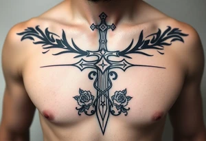 A gothic cross with a sword tip on the bottom going through an infinity sign and has roses and vines growing around tattoo idea