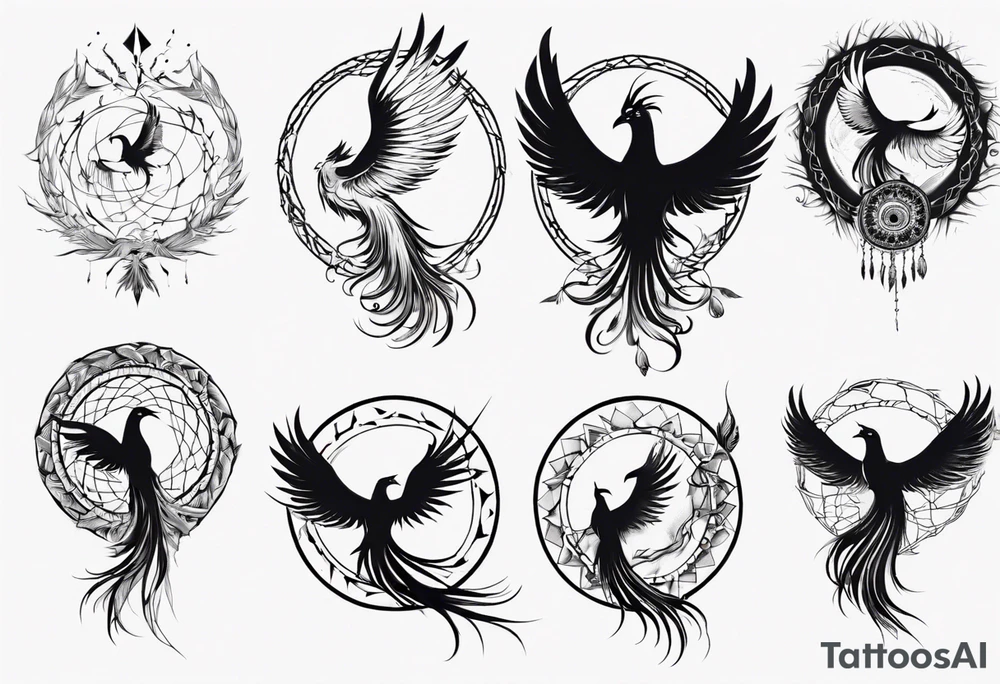 Vertical open mouthed flying Phoenix in circle with long abstract dream catcher feather tail tattoo idea