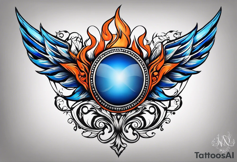 Blue and orange flame that has a half square thin line border. Make it as small as possible. The tattoo should be the size of a half dollar coin. tattoo idea
