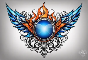 Blue and orange flame that has a half square thin line border. Make it as small as possible. The tattoo should be the size of a half dollar coin. tattoo idea
