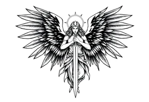 Majestic and powerful archangel wearing a halo, having six wings, weilding a sword tattoo idea