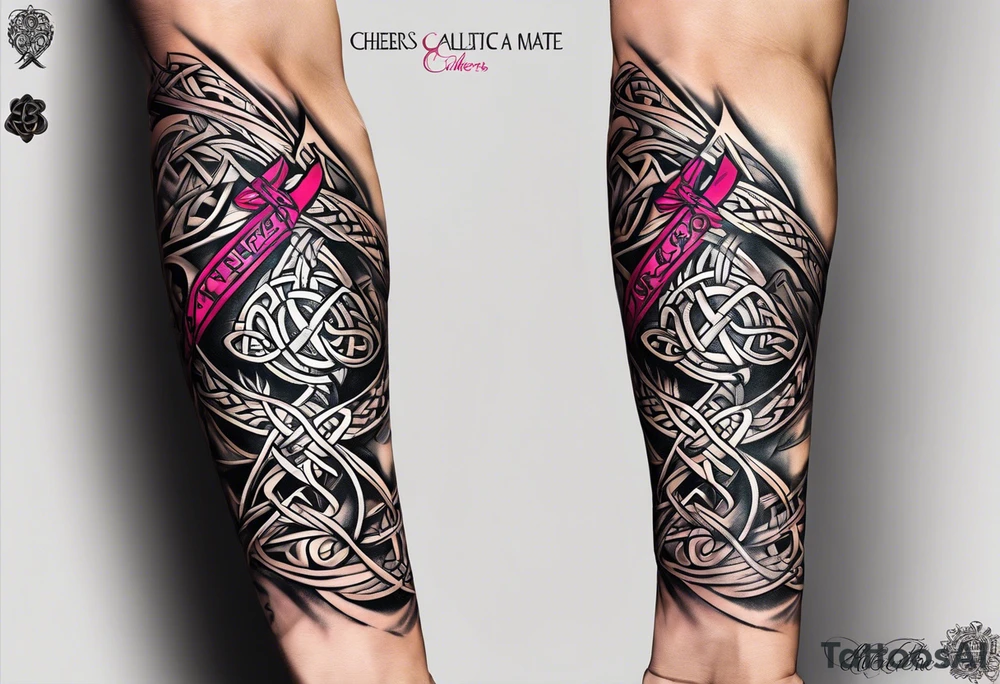 Cheers Mate text, armband +Celtic +Cancer Ribbon +tribal +artistic tattoo idea