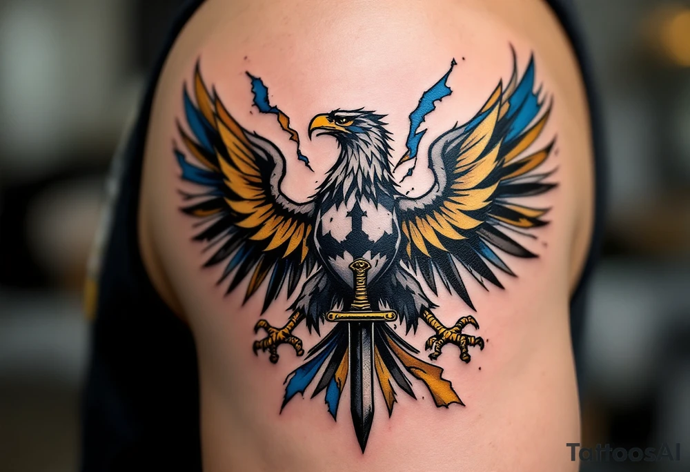 Battle-Worn Silesian Eagle with Torn Banners – A strong, battle-scarred eagle with ripped blue and yellow banners flowing behind it, representing the resilience of Silesia. The eagle's claws clutch an old sword or a scroll with historical inscriptions, adding a storytelling element. tattoo idea