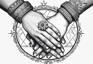 three baby hands and arms holding each other arm in a circle. Each wrist has a bracelet on it, with the names Arabella, Everleigh, and Arayla engraved on plates tattoo idea