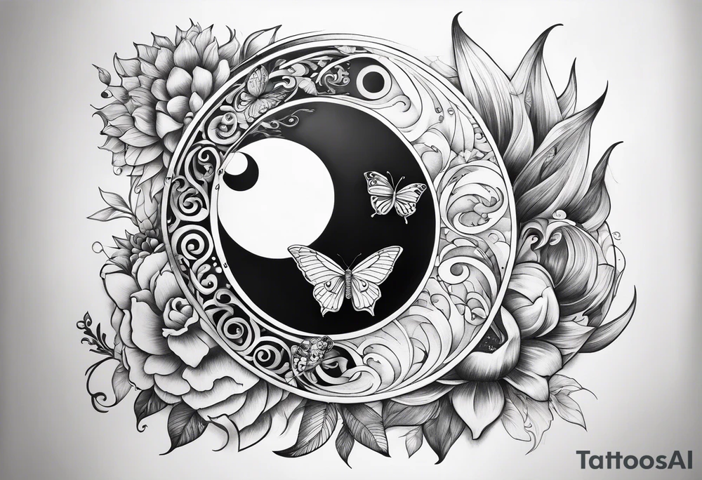sun & moon, ying & yang, coi fish, and butterflies arm sleeve tattoo idea