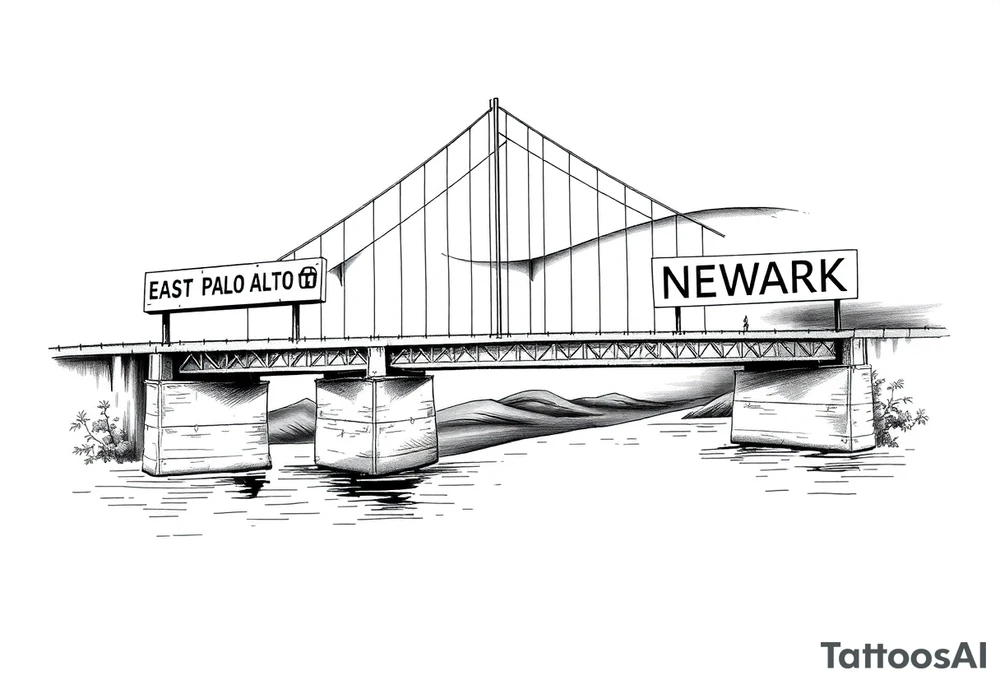 A bridge over water with two cities on the side. The city signs on the side of the bridge. East Palo Alto on the left and Newark on the right tattoo idea