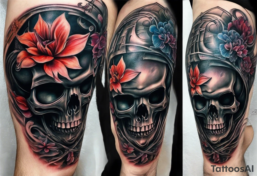 H.R. Giger Knee tattoo with realistic evil skull, various flowers, water and fall colors tattoo idea