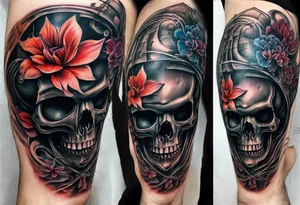 H.R. Giger Knee tattoo with realistic evil skull, various flowers, water and fall colors tattoo idea