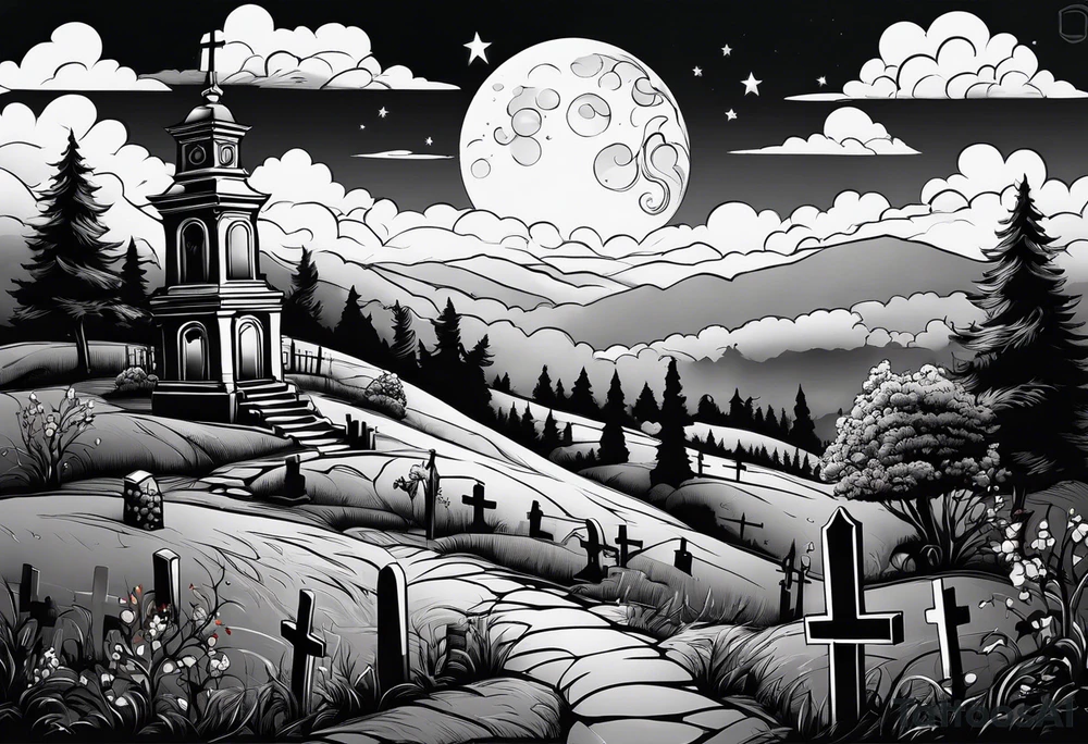 Cemetery on hills with smoke and moon tattoo idea