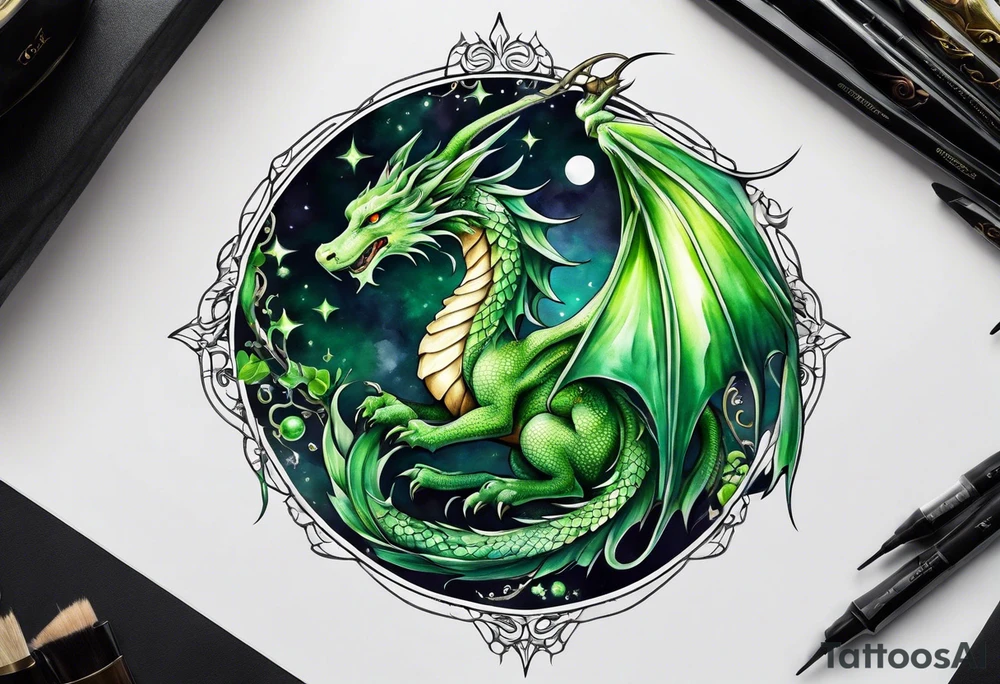 Moon fairy green dragon tattoo idea