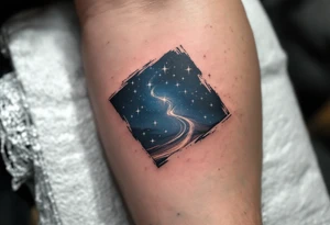 This tattoo combines “Through hardships to the stars” with silver star trails over a midnight blue sky on the upper arm. tattoo idea