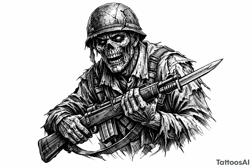 Zombie soldier in tattered uniform, clutching a rifle, bayonet fixed. tattoo idea