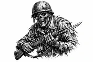Zombie soldier in tattered uniform, clutching a rifle, bayonet fixed. tattoo idea