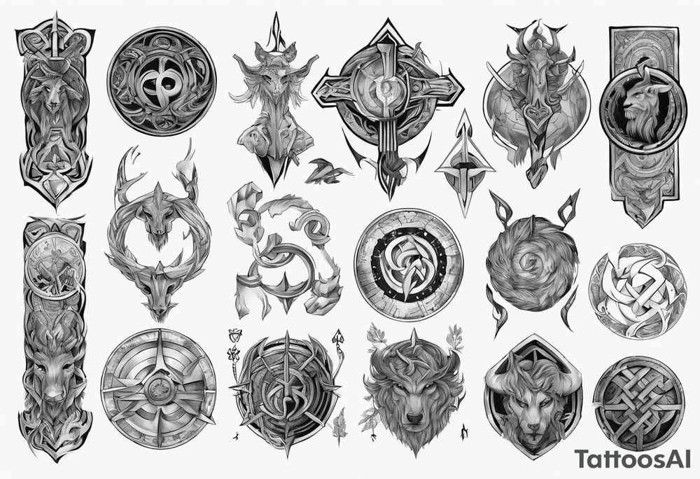 Upper arm sleeve of norse mythology symbols tattoo idea