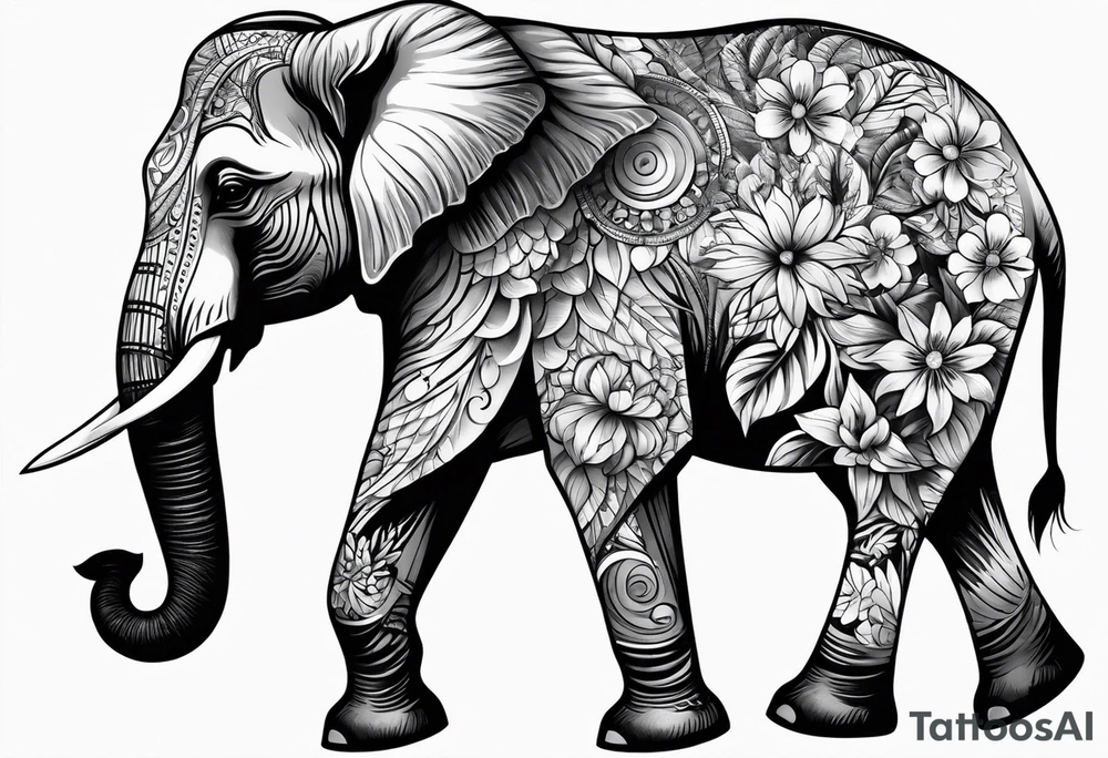 Elephant full back tattoo with flowers tattoo idea