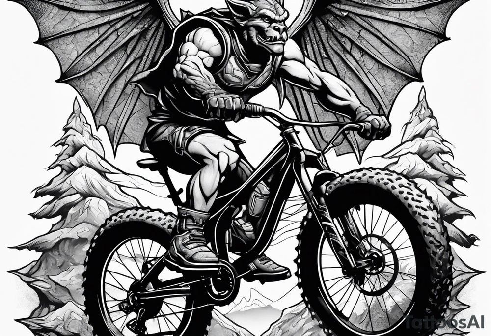 gargoyle riding a full suspension mountain bike with a shadow no background tattoo idea
