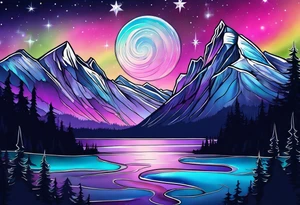 Aurora borealis with mountain and stars tattoo idea