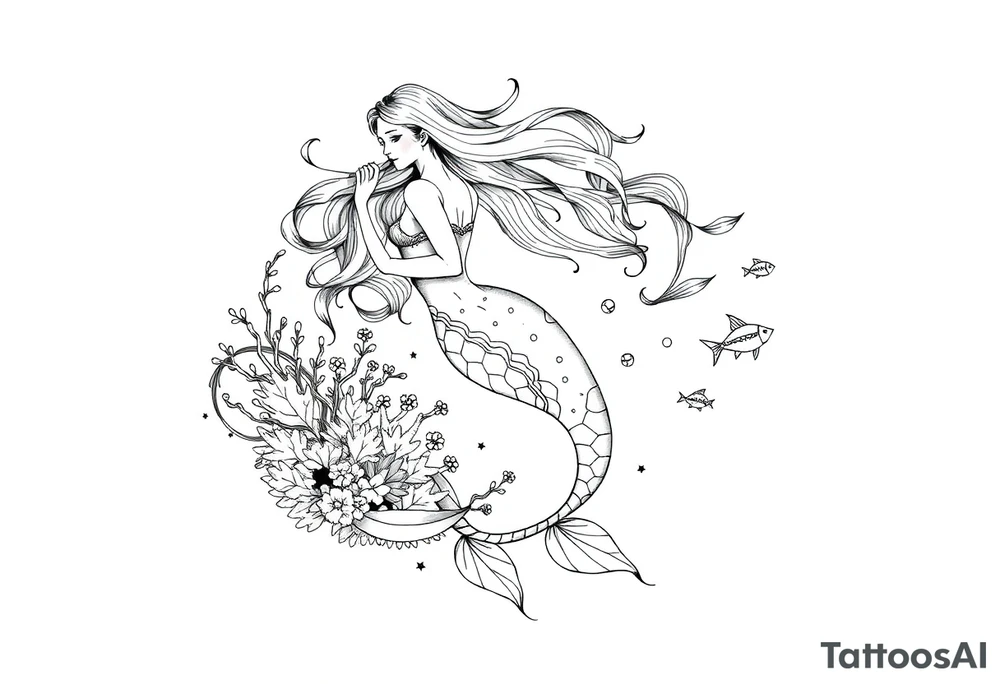 ethereal mermaid with flowing hair among coral reef and small fish tattoo idea