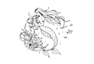 ethereal mermaid with flowing hair among coral reef and small fish tattoo idea