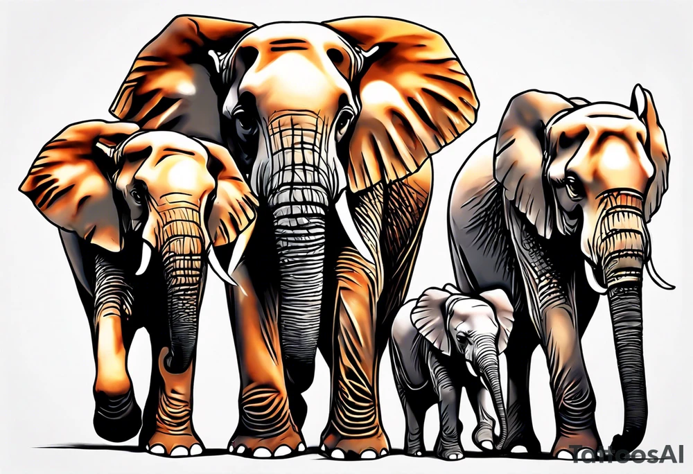family of 6 elephants walking into sunset tattoo idea
