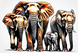 family of 6 elephants walking into sunset tattoo idea