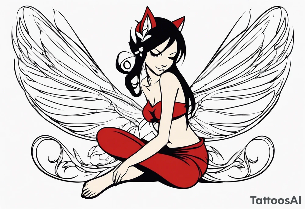 No color fairy with a tail inspired by the logo of the show called Fairy Tail in a fetal position leaning in tattoo idea