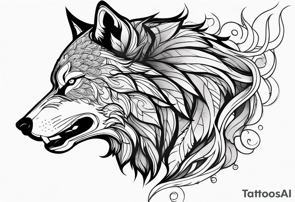 a head of savage wolf with a sword in its mouth facing left tattoo idea