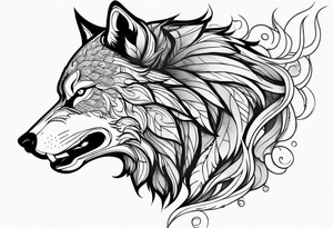 a head of savage wolf with a sword in its mouth facing left tattoo idea