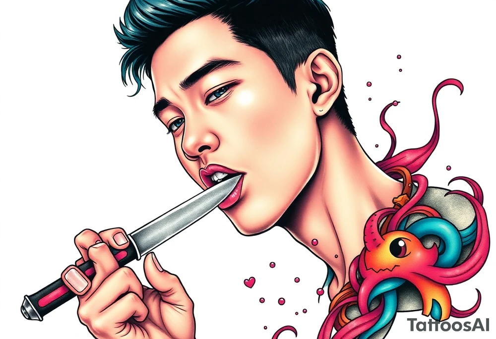 Handsome Asian young guy is licking a knife tattoo idea