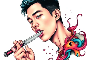 Handsome Asian young guy is licking a knife tattoo idea