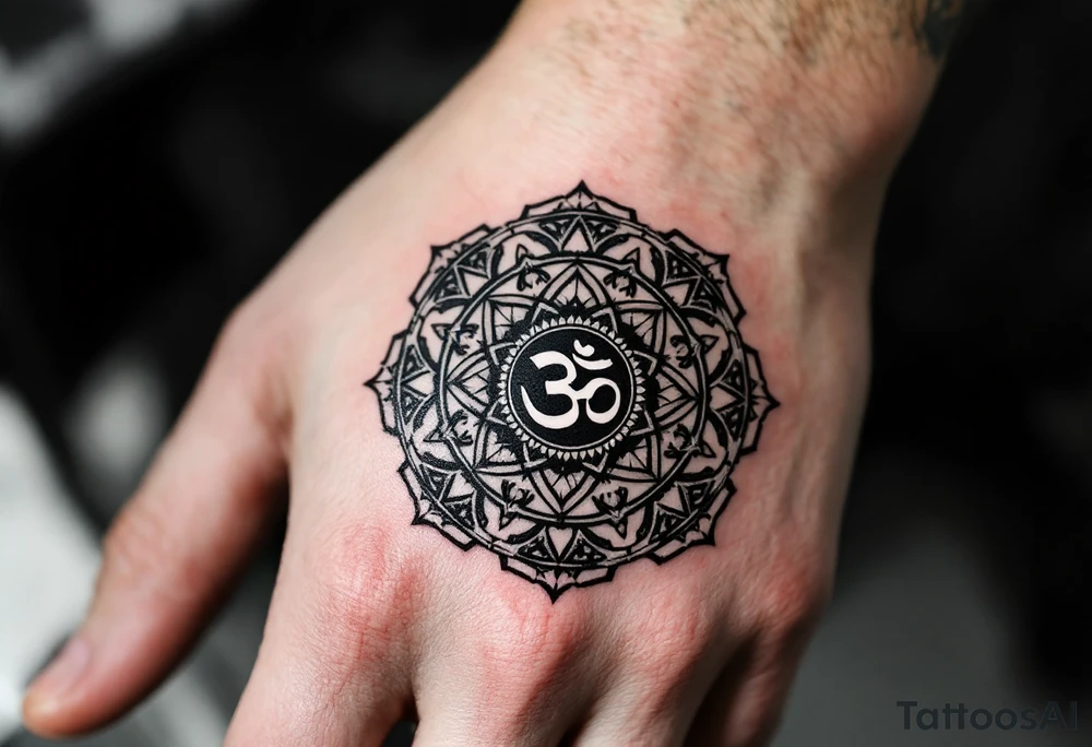 wheel of Dharmachakra with an ohm symbol in the middle tattoo idea