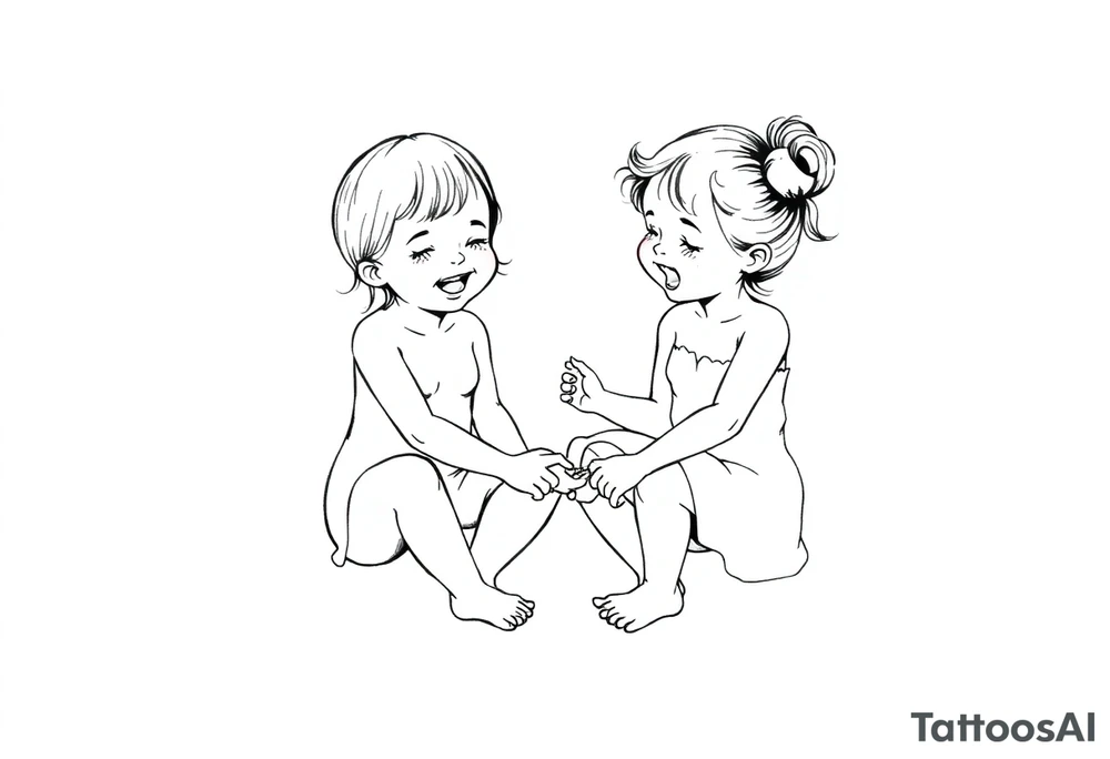 Zwei lachende kleine mädchen sitzen sich gegenüber eine hat einen Dutt die andere einen Zopf und sie berühren sich an den Fußsohlen tattoo idea