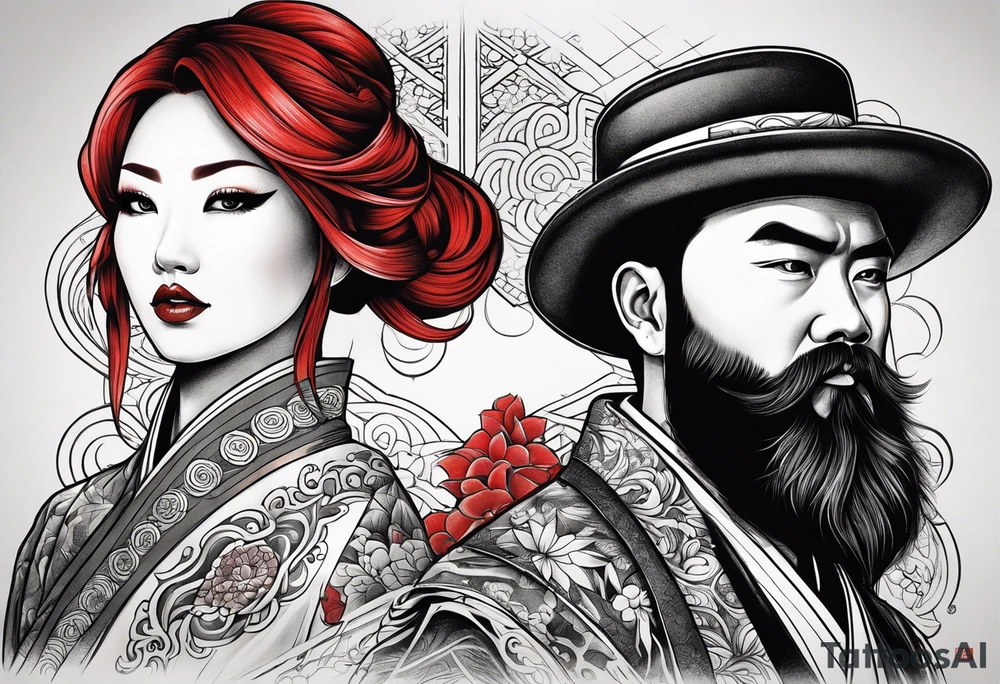 Busty Red haired woman with black haired bearded man tattoo idea