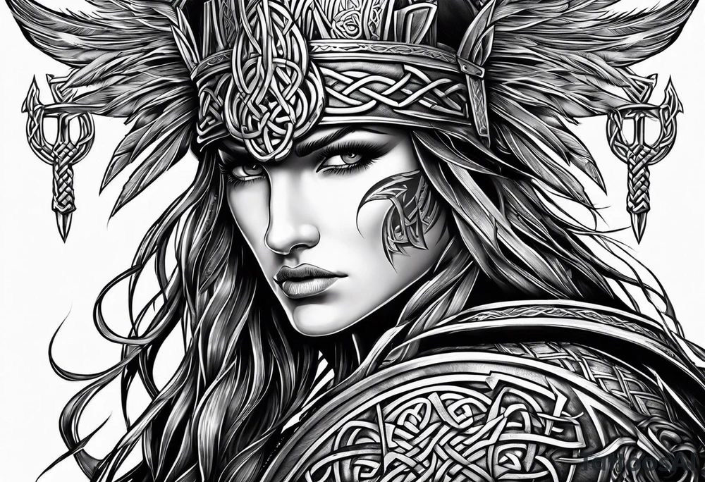Medial view Celtic warrior weapons unsheathed tattoo idea