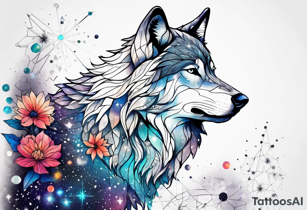 Constellation, animal wolf snow , géométric , flower tattoo idea