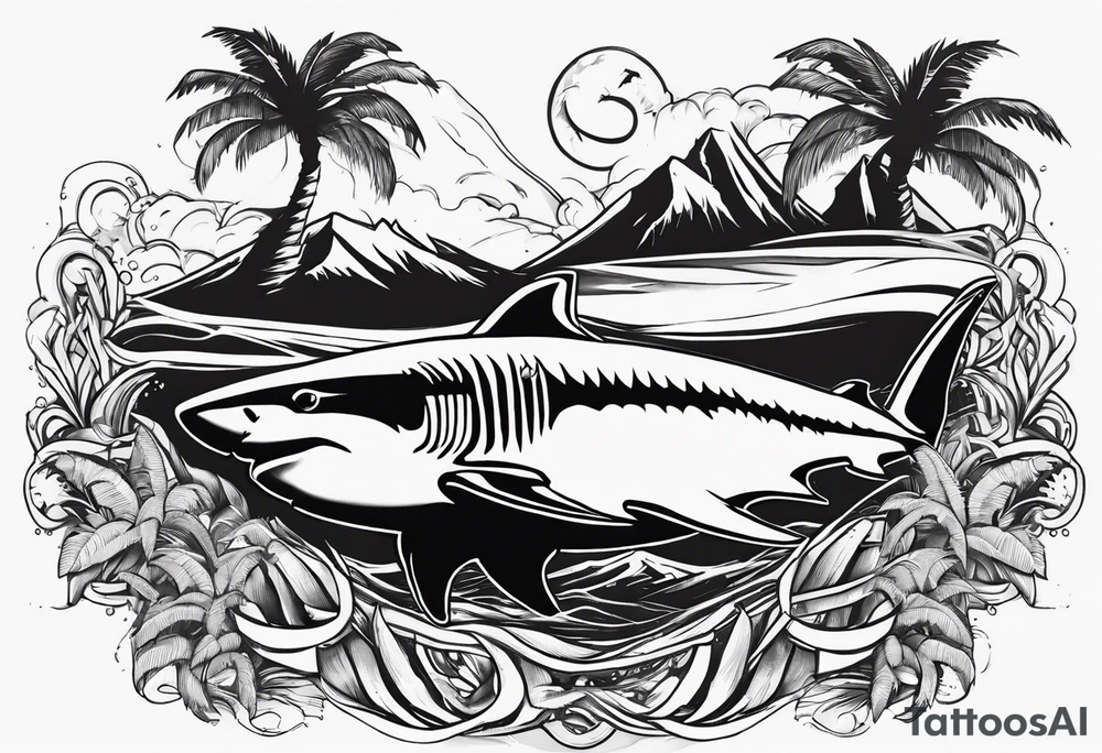 Great white shark, hurricane, palm trees, dollar signs tattoo idea