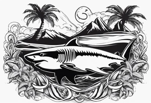 Great white shark, hurricane, palm trees, dollar signs tattoo idea