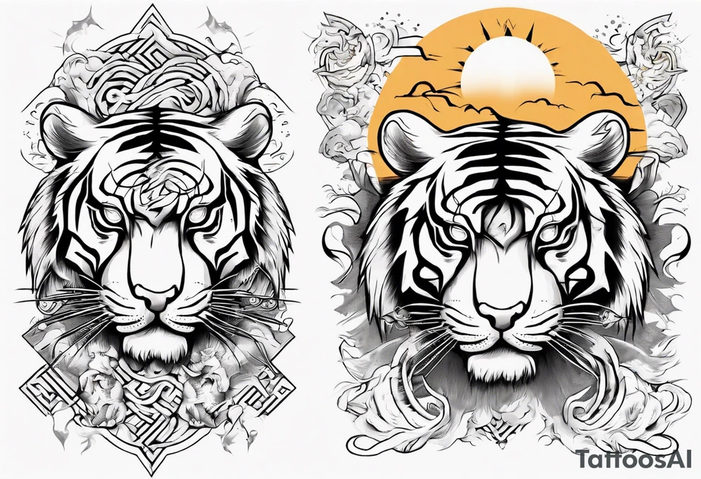 Ancient tiger with lightning and a sun for a forearm sleeve. With patterns surrounding it tattoo idea