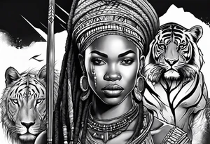 African woman warrior with tribe scars and spear in hand with animals in background tattoo idea